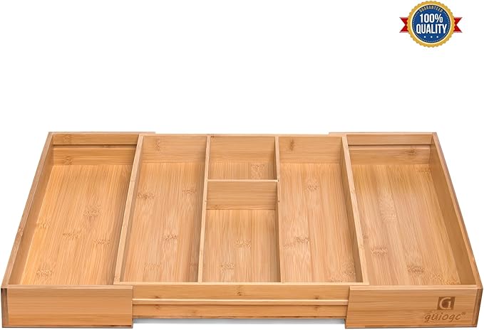 Bamboo Silverware Organizer, Expandable Kitchen Drawer Organizer and Utensil Organizer, Cutlery Tray with Drawer Dividers for Kitchen Utensils and Flatware, Bedroom, Living Room (Natural)