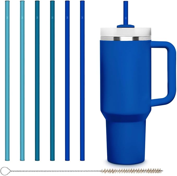 HALM Stanley Quencher Tumbler Glass Straws Blue Reusable Replacement Straws for Tumbler with Handle Stainless Steel Drinking Cup Accessory BPA-Free & Dishwasher Safe