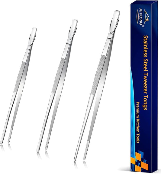 JETKONG Food Tweezers Precision Serrated Tips Kitchen Tweezers Professional Cooking Tweezer Tongs, Set of 3 (7 9 12 Inch, Silver)