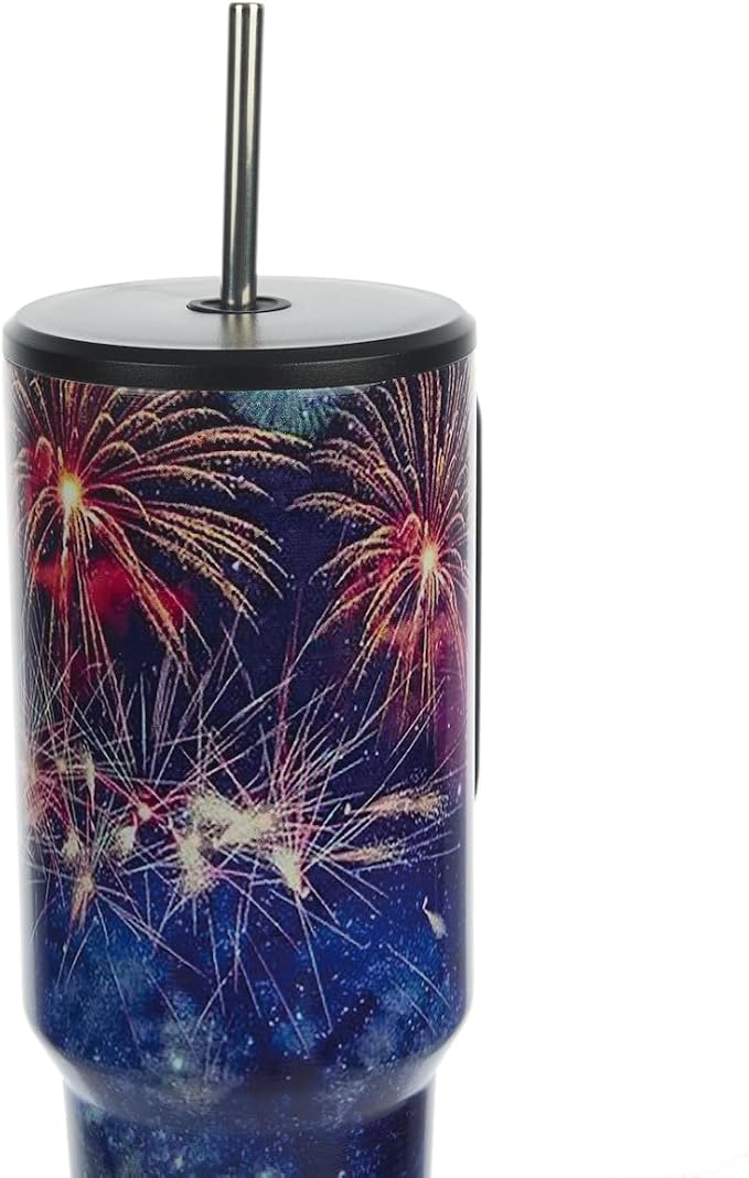 Bioworld Americana 40 Oz. Vacuum Insulated Stainless Steel Tumbler with Leak-Proof Lid & Handle, Patriotic Fireworks & American Flag Design for 4th of July or Everyday Travel