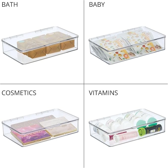 mDesign Plastic Stackable Storage Organizer Bin with Hinged Lid for Bathroom, Cabinet, Drawer, Under Sink, Shelf Organization Holds Medicine, Bath Essentials, Cleaning Supplies - 4 Pack - Clear