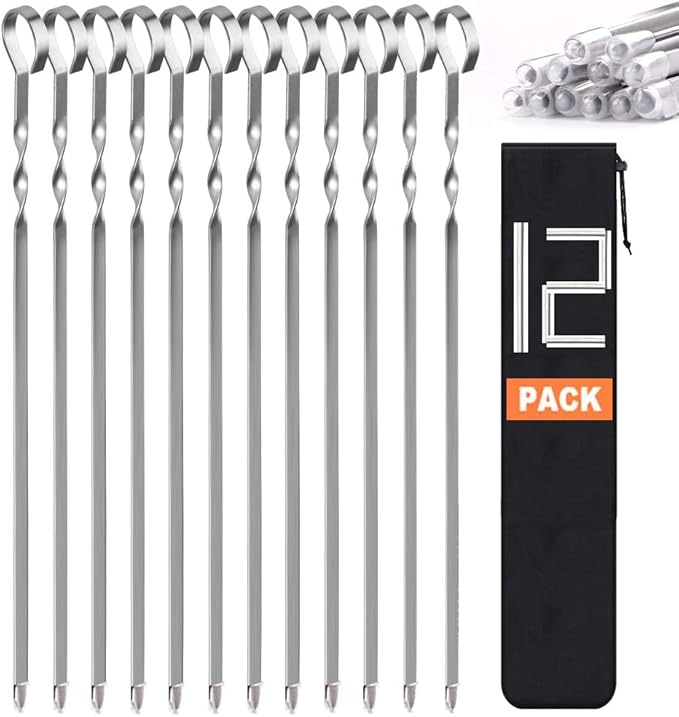 Skewers for Kabobs, 14" Metal Kebab Skewers for Grilling Flat Long Stainless Steel Kabob Sticks, Reusable Grill Shish BBQ Barbecue Sticks for Meat Chicken Vegetable Shrimp, 12 Pack