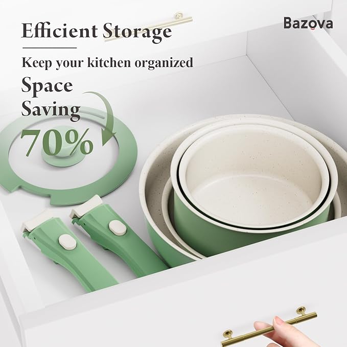 Ceramic Nonstick Cookware Set, Healthy,Non Toxic,17-Pieces Pots and Pans Set Removable Handles,Induction RV Kitchen Set,Stain & Scratch-resistant,Dishwasher/Oven Safe,PFAS/PFOA Free,Green