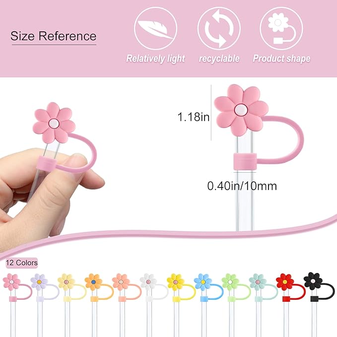 Velaco 12PCS Silicone Straw Covers Cap Compatible with Stanley 30&40 Oz Cup, 10mm Cute Flower Straw Toppers for Tumblers, Dust-Proof Drinking Straw Caps for Reusable Straws Tips Lids