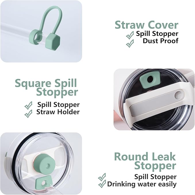 Silicone Spill Stopper Set Compatible with Stanley Cup 2.0 30oz & 40oz with Straw Cover (Set of 2, Eucalyptus)