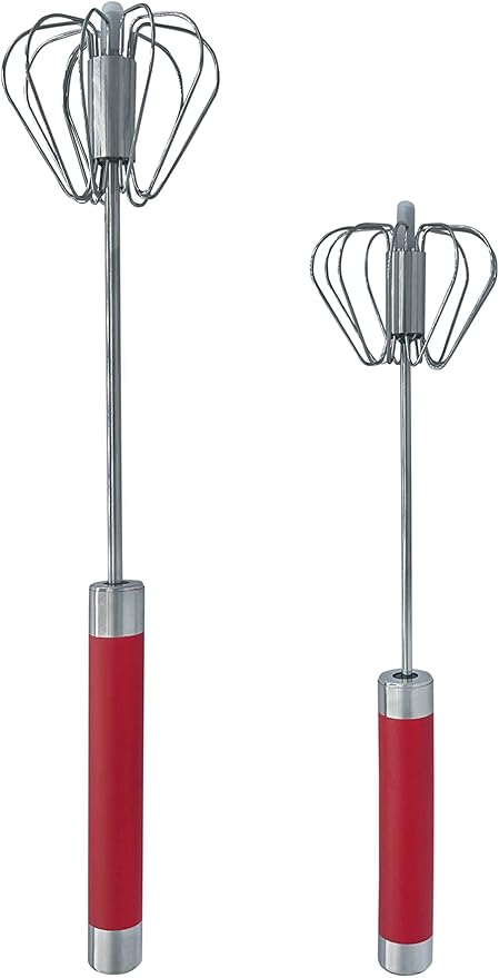 Stainless Steel Push Whisk - Easy to Use Manual Hand Mixer & Plunger Whisk - Make Froth, Foam & Whipped Cream - Semi Auto Egg Beater Plastic Tip Won’t Scratch Pans (2 Pack 10in & 12in) RED