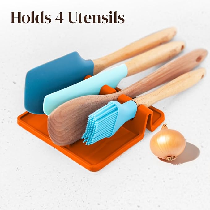 Orange Silicone Spoon Rest for Stove Top with Drip Pad (Two Pack) - Heat Resistant BPA Free Utensil Rest & Spoon Holder for Kitchen Counter - Grill Utensil Holder - Spatula Holder, Tongs, Ladle