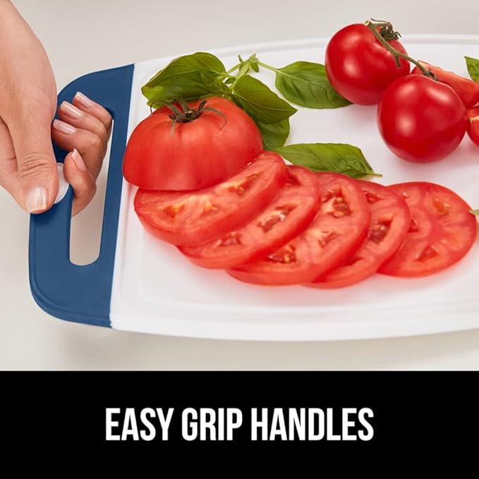 GORILLA GRIP BPA-Free Reversible Kitchen Cutting Board Set of 3, US Designed, Nonporous, Juice Grooves Catch Liquid, Slip Resistant Border, Dishwasher Safe Large Food Chopping Boards, Red Blue Green