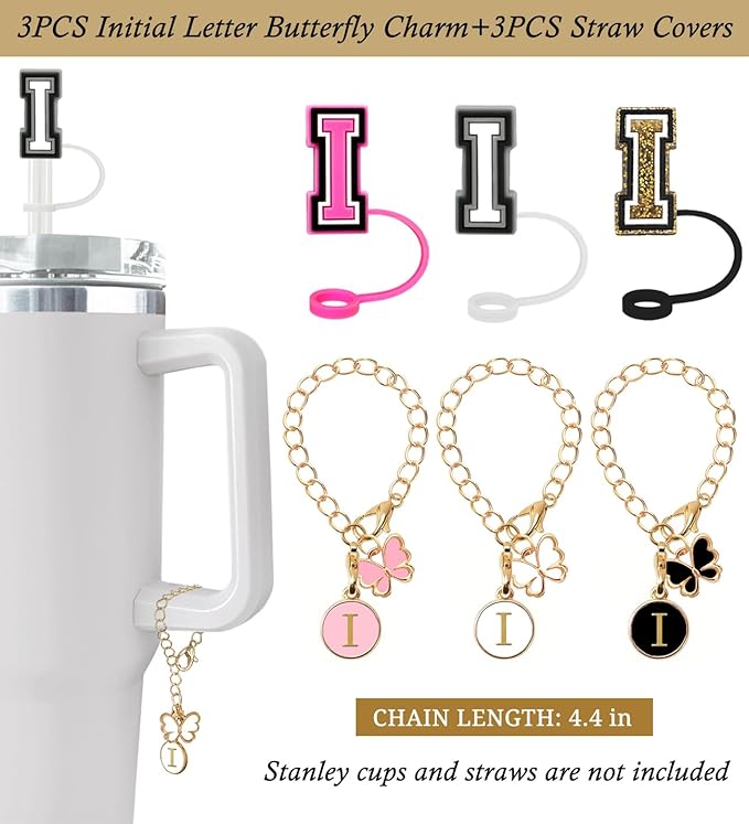 （3 +3) Nuozme Straw Cover Compatible with Stanley Tumbler Cup 3PCS Letter Straw Caps Toppers with 3 Initial Butterfly Charms Name ID For Stanley 30&40 Oz Cup