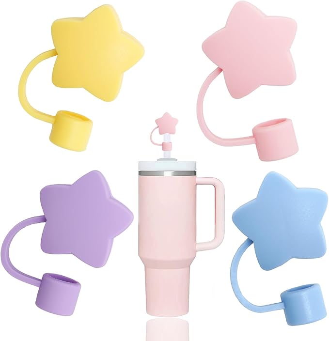 4 Pcs Lovely Star Straw Covers Cap Toppers Compatible with Stanley 30&40 oz Tumbler Cup,Reusable Cute Silicone Straws Tips Lids Protectors for 0.4 in/10mm Stanleys Cups Accessories