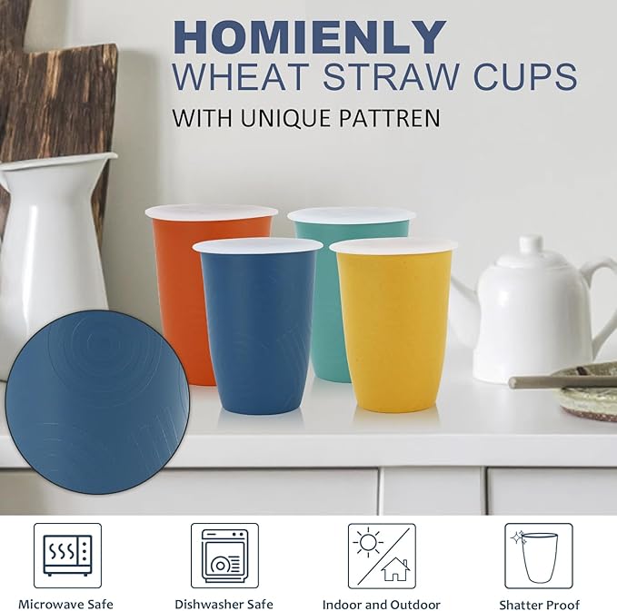 Homienly 16 OZ Wheat Straw Cups for Kitchen, Drinking Cups with Lid Set of 6, Unbreakable Cup Set Reusable, Stackable Water Tumblers (Recommend Fill Volume 12 OZ) - Colorful