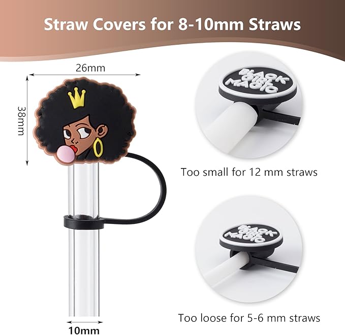 6Pcs Black Girl Straw Cover Cap for Stanley Cup Accessories, 10mm Cute Black Drinking Straw Topper for 40oz 30oz Stanley Tumbler, Dust-Proof Reusable Straw Tips Valentines Decor Gifts for Women