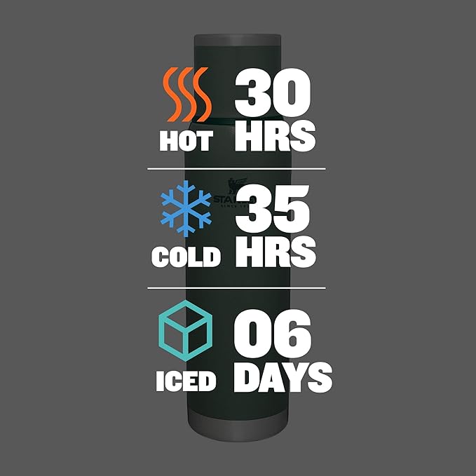Stanley Adventure-To-Go Vacuum Bottle 1.4 qt | Wide Mouth with Leakproof Cup Lid | Keep Drinks Hot or Cold | Packable for Travel | Insulated Stainless Steel Thermos | BPA-Free | Hammertone Green