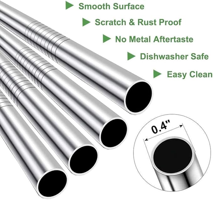 Vinaco Stainless Steel Smoothie & Milkshake Straws 4-Pack | 0.4'' Extra Wide Metal Straws Reusable for Thick Drinks, Shakes, Bubble Tea | Dishwasher Safe & 1 Cleaning Brush | Home & Travel Accessories