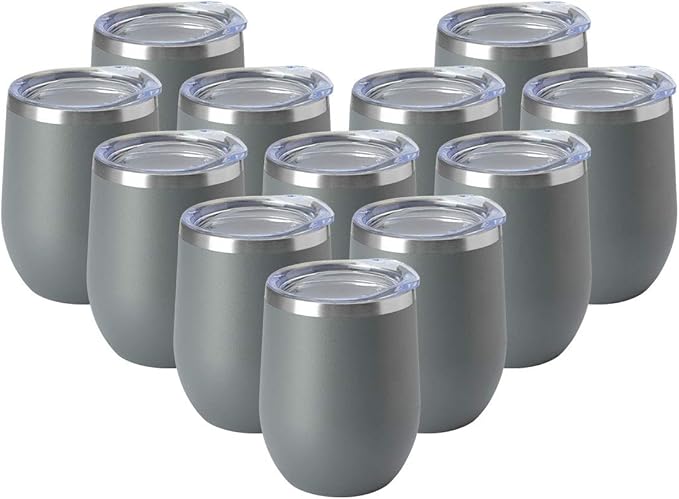 HASLE OUTFITTERS 12oz Wine Tumbler with Lid Stemless Wine Glasses Double Wall Vacuum Travel Mugs stainless steel Coffee Cup for Cold & Hot Drinks Wine Coffee Cocktails Beer 12 Pack Grey