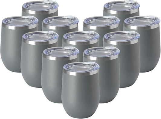 HASLE OUTFITTERS 12oz Wine Tumbler with Lid Stemless Wine Glasses Double Wall Vacuum Travel Mugs stainless steel Coffee Cup for Cold & Hot Drinks Wine Coffee Cocktails Beer 12 Pack Grey