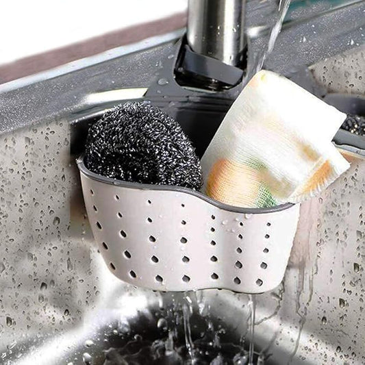 EC ELEGANTCHARM Kitchen Sink Caddy Sponge Holder Silicone Plastic Soap Holder Hanging Ajustable Strap Faucet Caddy with Drain Holes for Drying