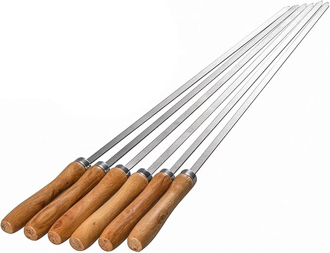 IMEEA Flat Skewers for Kabobs Stainless Steel Kebab Skewers for Grilling 16.5 Inch Barbecue Skewers with Nonslip Wooden Handle, Set of 6