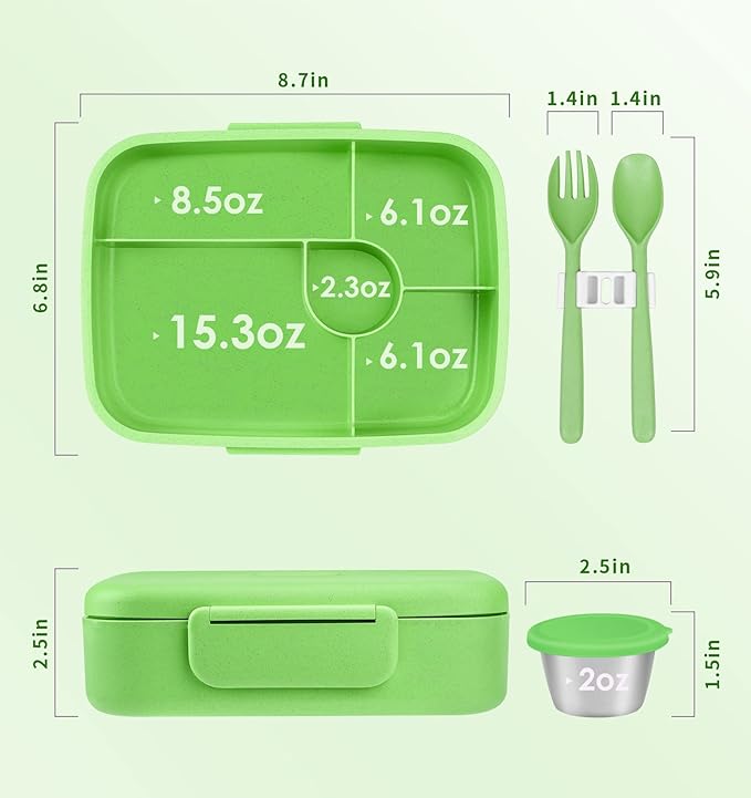 Bento Lunch Box with Kids/Adults, 5 Compartments Leakproof Lunch Container with Dressing Cup, Eco-Friendly Double Insulated Boxes, Dishwasher and Microwave Safe, BPA-Free (green)