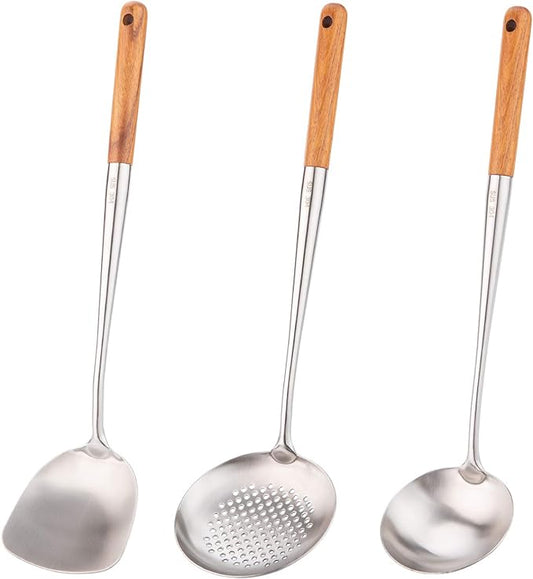 FJNATINH Wok Spatula and Ladle,Skimmer Ladle Tool Set, 17inches Spatula for Wok, 304 Stainless Steel Cooking Utensils