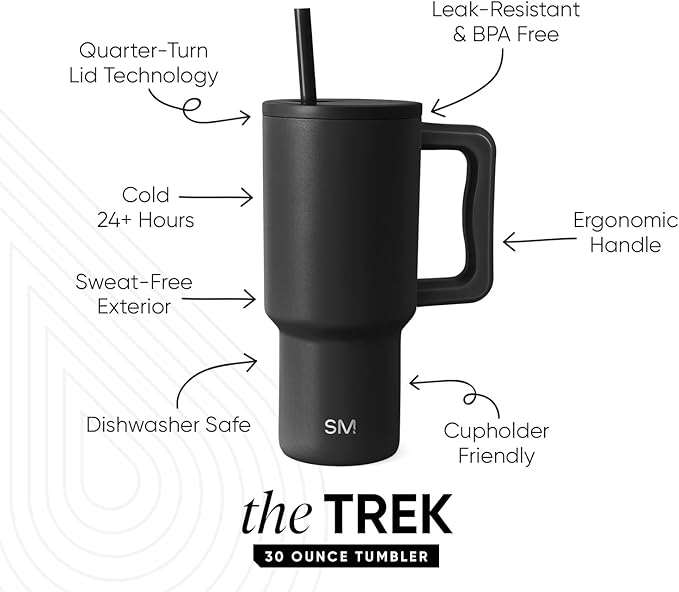Simple Modern 30 oz Trek Tumbler with Handle and Straw Lid | Cup Holder Friendly Insulated Stainless Steel Travel Mug | Midnight Black (Pack of 12)