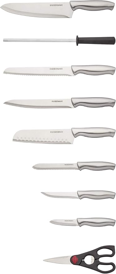 Farberware 15-Piece Stamped Stainless Steel Knife Block Set, High-Carbon Stainless Steel Kitchen Knife Set with Ergonomic Handles, Razor-Sharp Knives with Wood Block, 15-Piece, Black 2