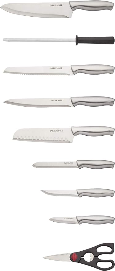 Farberware 15-Piece Stamped Stainless Steel Knife Block Set, High-Carbon Stainless Steel Kitchen Knife Set with Ergonomic Handles, Razor-Sharp Knives with Wood Block, 15-Piece Set, Graphite