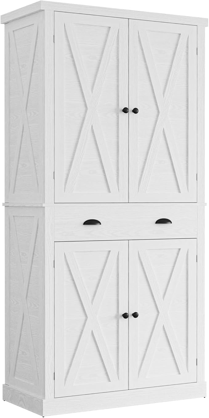 IRONCK Kitchen Pantry Storage Cabinet 72.6" H, with Barn Doors, Drawer, 4 Adjustable Shelves, Freestanding Cupboard, Laundry, White
