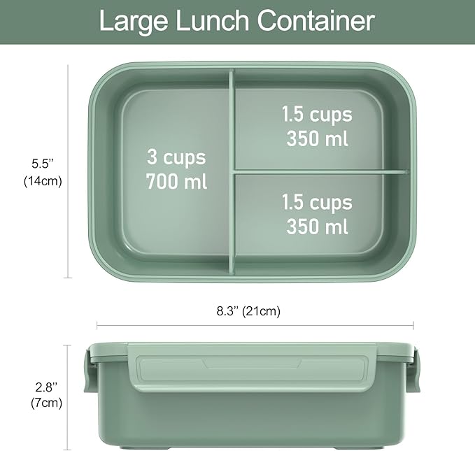 Caperci Classic Bento Box Adult Lunch Box for Older Kids - Leakpoof 47 oz 3-Compartment Lunch Containers for Adults and Teens, Built-in Utensil Set, Ideal for On-the-Go Balanced Eating,Khaki Green