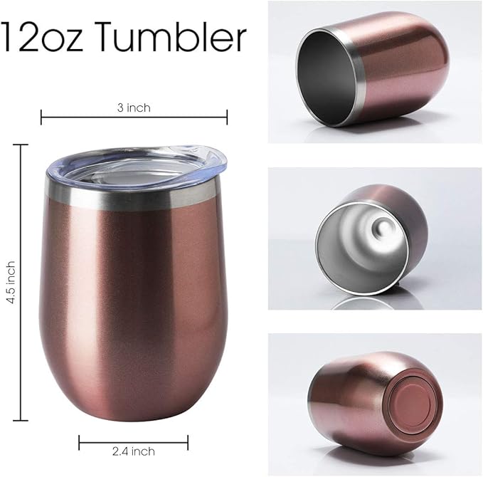 HASLE OUTFITTERS 12oz Wine Tumbler with Lid Stemless Wine Glasses Double Wall Vacuum Travel Mugs stainless steel Coffee Cup for Cold & Hot Drinks Wine Coffee Cocktails Beer 1 Pack Rose Gold