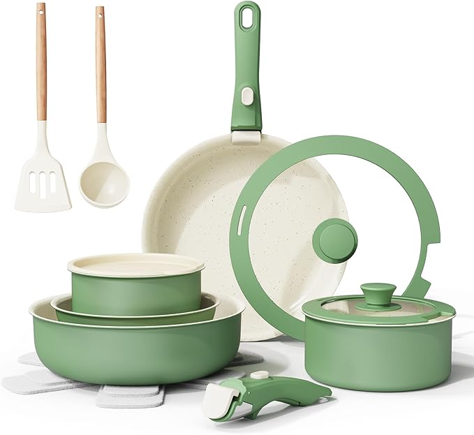 Ceramic Nonstick Cookware Set, Healthy,Non Toxic,17-Pieces Pots and Pans Set Removable Handles,Induction RV Kitchen Set,Stain & Scratch-resistant,Dishwasher/Oven Safe,PFAS/PFOA Free,Green