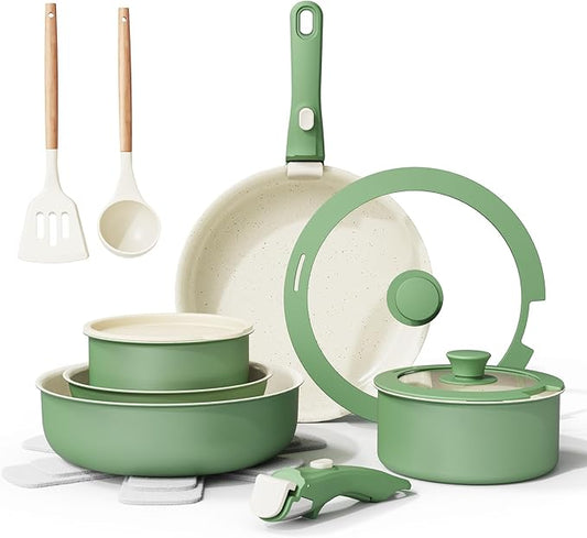 Ceramic Nonstick Cookware Set, Healthy,Non Toxic,17-Pieces Pots and Pans Set Removable Handles,Induction RV Kitchen Set,Stain & Scratch-resistant,Dishwasher/Oven Safe,PFAS/PFOA Free,Green