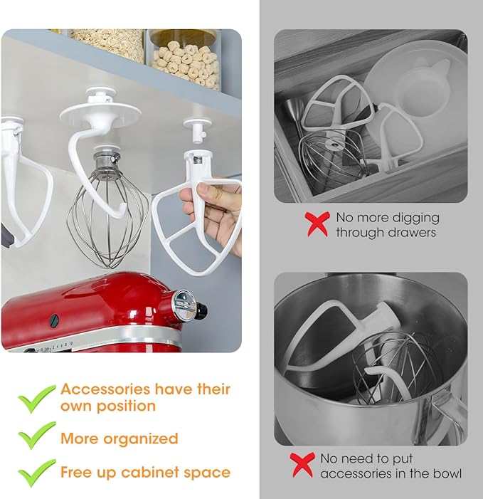 AIEVE 4 Pack Stand Mixer Attachment Holders Compatible with Kitchenaid Mixer Accessories,Flex Edge Beater, Flat Beater, Dough Hooks and Wire Whip Organizer