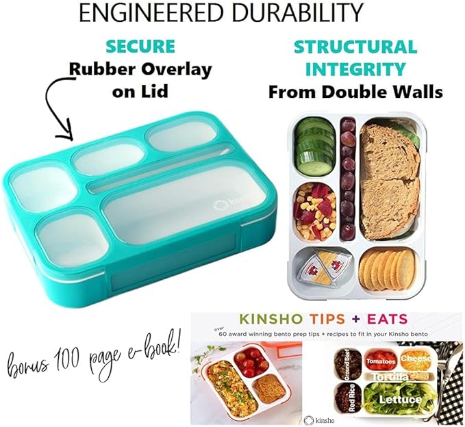 Bento Box Lunch-Box with Bag and Ice Pack, Insulated Lunch Bag and Snack Container Set for Kids Boys Girls Adults. 6 Compartments, Divided Portion Containers, Boxes for School Lunches, Teal