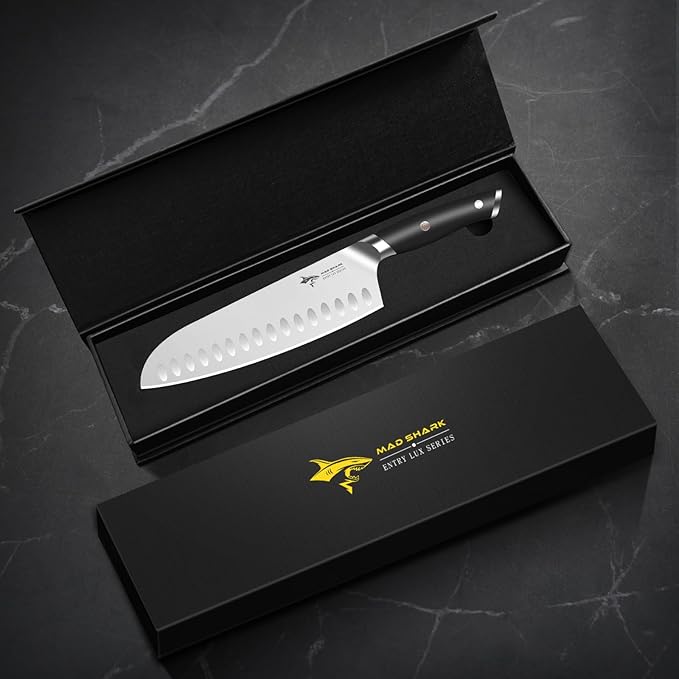 MAD SHARK Kitchen Knife, Professional 8-inch Santoku Knife, Made of German High Carbon Stainless Steel, Non-stick Ultra Sharp Kitchen Knife with Ergonomic Handle, Gift Box