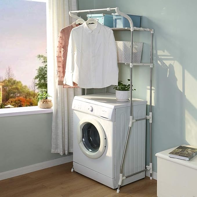 BAOYOUNI 2-Layer Over Washing Machine Storage Rack Utility Metal Bathroom Shelf 6-Hook Space Saver Width Adjustable Organization for Laundry Room Toilet (62-101cm, Ivory)