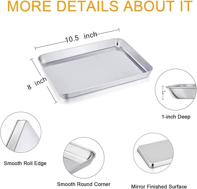 TeamFar Stainless Steel Compact Toaster Oven Pan Tray Ovenware Professional, 8''x10.5''x1'', Heavy Duty & Healthy, Deep Edge, Superior Mirror Finish, Dishwasher Safe