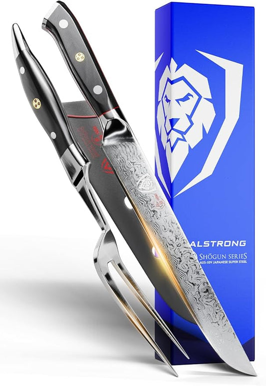 Dalstrong Carving Knife & Fork Set - 9 inch - Shogun Series ELITE - Damascus Carving Set - Japanese AUS-10V Super Steel Kitchen Knife - BBQ Set - Sheath Included