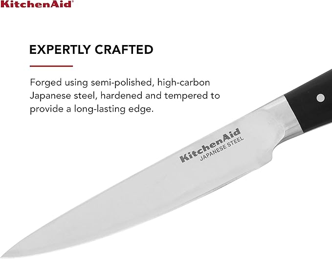 KitchenAid Gourmet Forged Triple Rivet Fine-Edge Utility Knife with Custom-Fit Blade Cover, 4.5-inch, Sharp Kitchen Knife, High-Carbon Japanese Stainless Steel Blade, Black