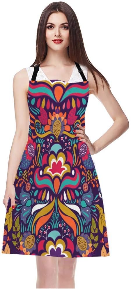 EKOBLA Vintage Flower Aprons Decorative Paisley Colorful Floral Pattern Bright Ornament Waterproof Resistant Chef Cooking Kitchen BBQ Adjustable Aprons for Women Men 27x31 Inch