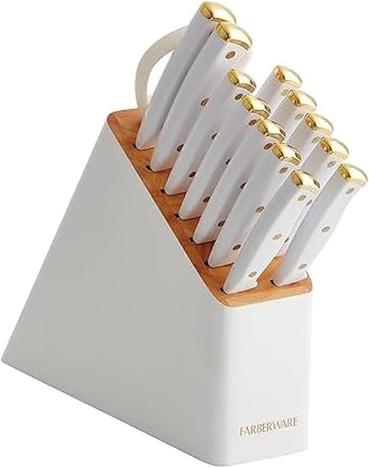 Farberware 14-Piece Knife Block Set, White and Gold – Razor-Sharp, High-Carbon Stainless Steel, Triple-Riveted, Ergonomic Handles, Stylish Wood Block