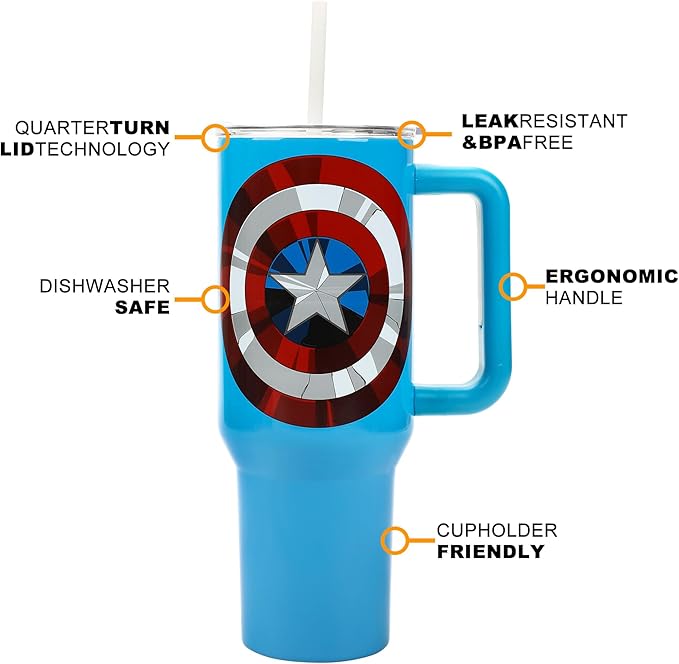Bioworld Marvel Captain America Costume & Shield Blue 40 Oz Stainless Steel Tumbler