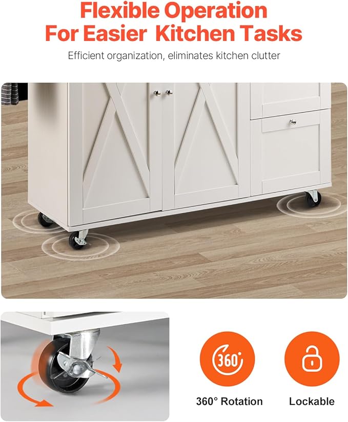 VEVOR Kitchen Island Cart, 45.3x39 inch Rolling Kitchen Table, Mobile Carts with Storage Cabinet and Solid Wood Top, Portable Islands with Wheels, Spice Rack, Towel Rack, Drop Leaf and Drawer, White