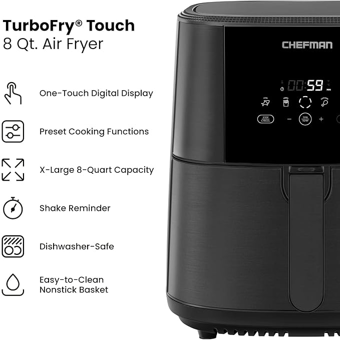 Chefman TurboFry Touch Air Fryer, 8-Quart Family Size, One-Touch Digital Controls for Healthy Cooking, Presets for French Fries, Chicken, Meat, Fish, Nonstick Dishwasher-Safe Parts, Black