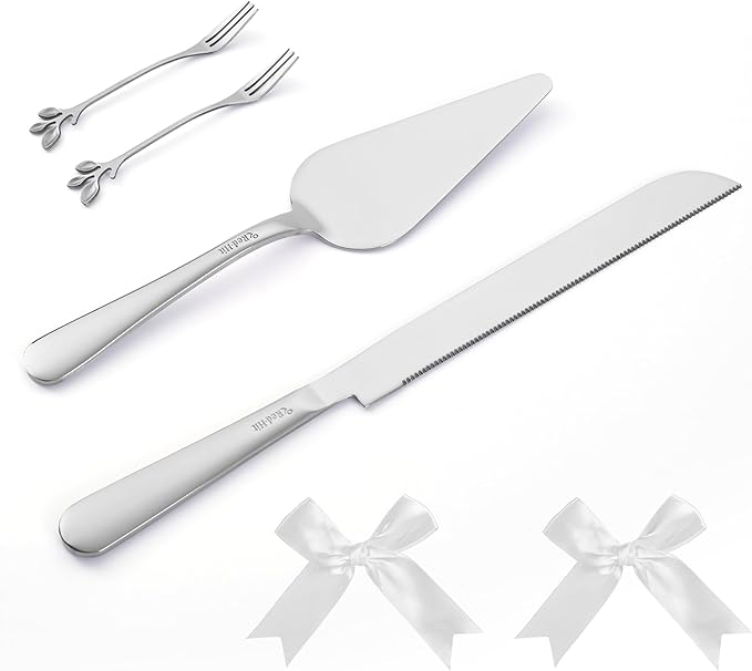 Wedding Cake Cutting Set, Elegant Wedding Cake Knife and Server Set with Thick Stainless Steel Wide Handle, Cake Cutting Set for Wedding Anniversary Christmas, Cake Cutter, 2 Cute Forks and Bows