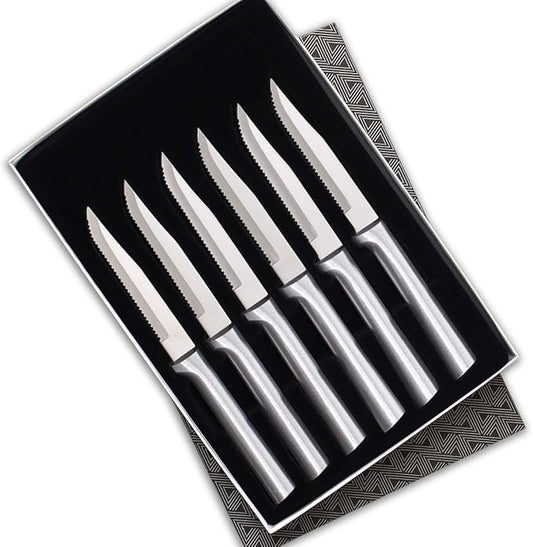 RADA Cutlery 6-Piece Serrated Steak Knife Gift Set (S6S), Stainless Steel Hollow Ground Blades, Made in USA, Silver Handles, Pack of 2
