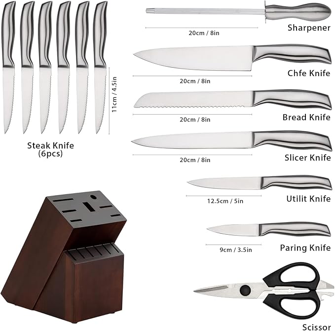 Knife Set, 14 Pieces Kitchen Knife Set with Wood Block, Chef Knife with 6 Pieces Serrated Steak Knives, High Carbon Stainless Steel Knife Sets for Multipurpose Cooking
