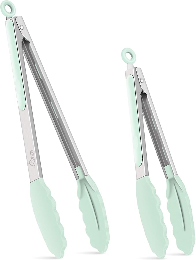 HOTEC Premium 7 & 9 Inch Kitchen Tongs, Stainless Steel Locking Cooking Tongs with Silicone Tips, Non-Scratch & Heat Resistant, Serving Tongs for Salad, BBQ, Light Green, Set of 2