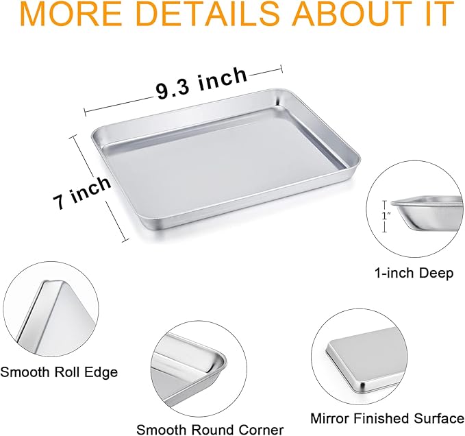 TeamFar Pure Stainless Steel Toaster Oven Pan Tray Ovenware, 7''x9.3''x1'', Heavy Duty & Healthy, Mirror Finish & Easy clean, Deep Edge, Dishwasher Safe (18/0 Steel)