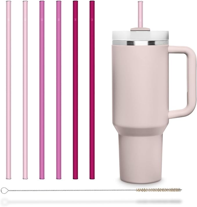 HALM Stanley Quencher Tumbler Glass Straws Pink Reusable Replacement Straws for Tumbler with Handle Stainless Steel Drinking Cup Accessory BPA-Free & Dishwasher Safe